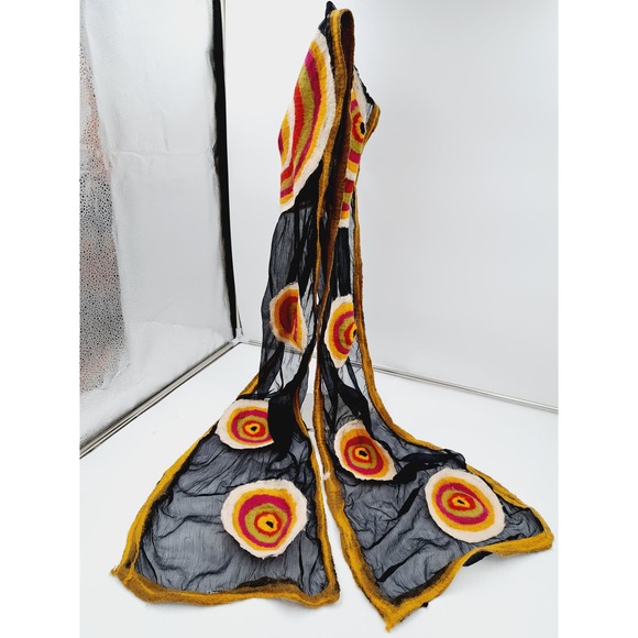 Pomegranate Moon Handmade Nepal Silk Wool Circle Scarf Black Pink Yellow White - Picture 2 of 10